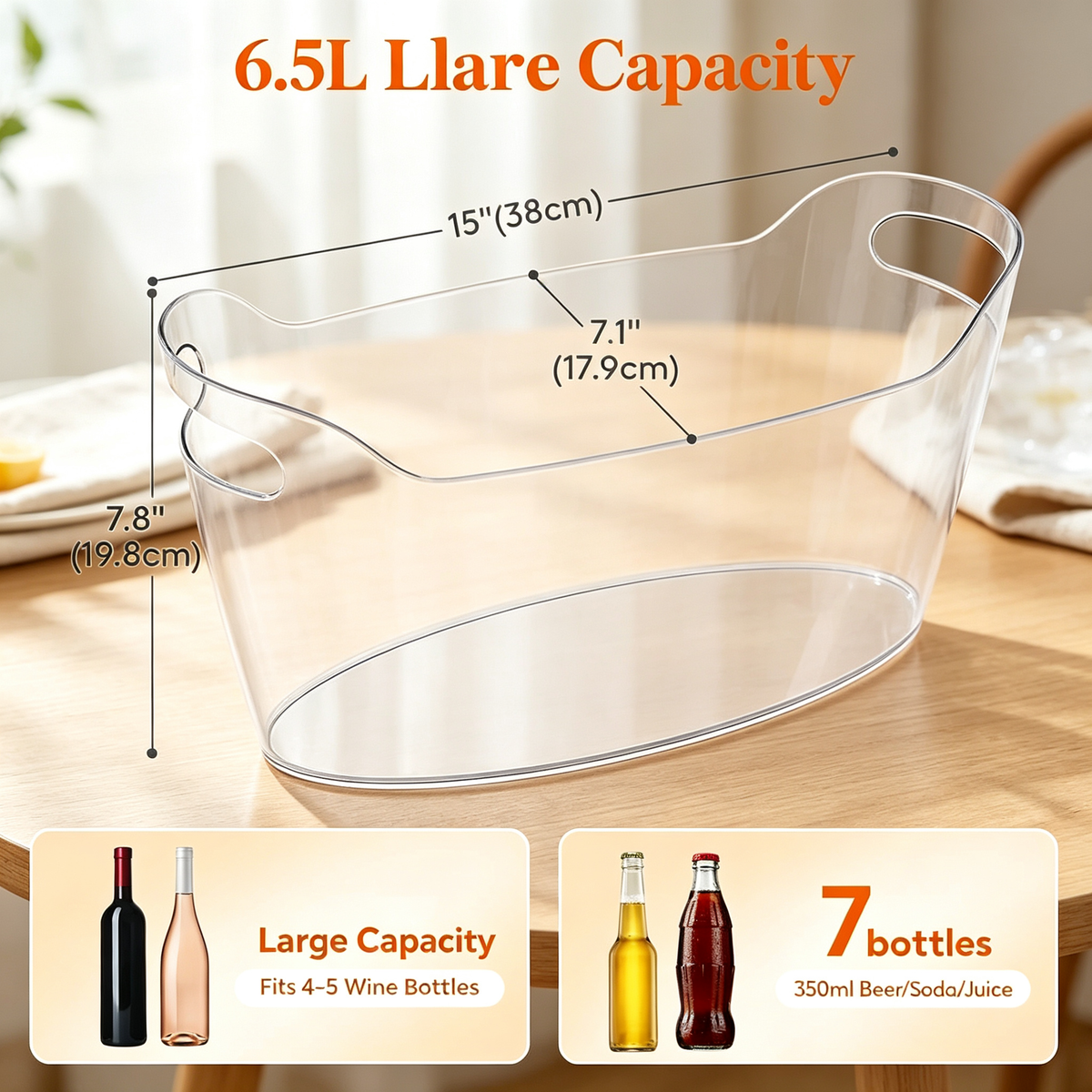 6.5L Clear Plastic Ice Bucket with Ice Scoops