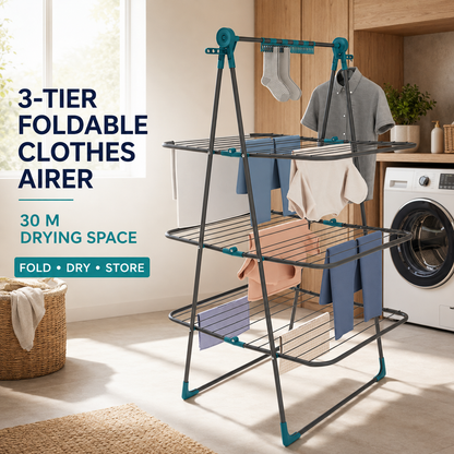 3-Tier Foldable Clothes Drying Rack with Adjustable Hanging Arms